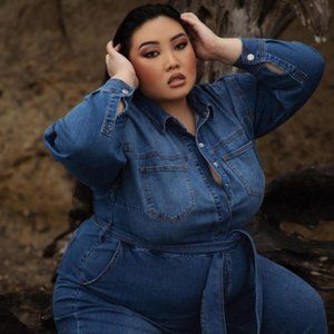 Eloquii 22 long sleeved denim jumpsuit with tie belt